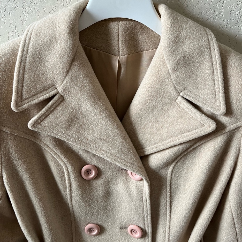 Women’s Beige Wool Blend Double Breasted Peacoat Belted Trench Coat Medium - Picture 6 of 15